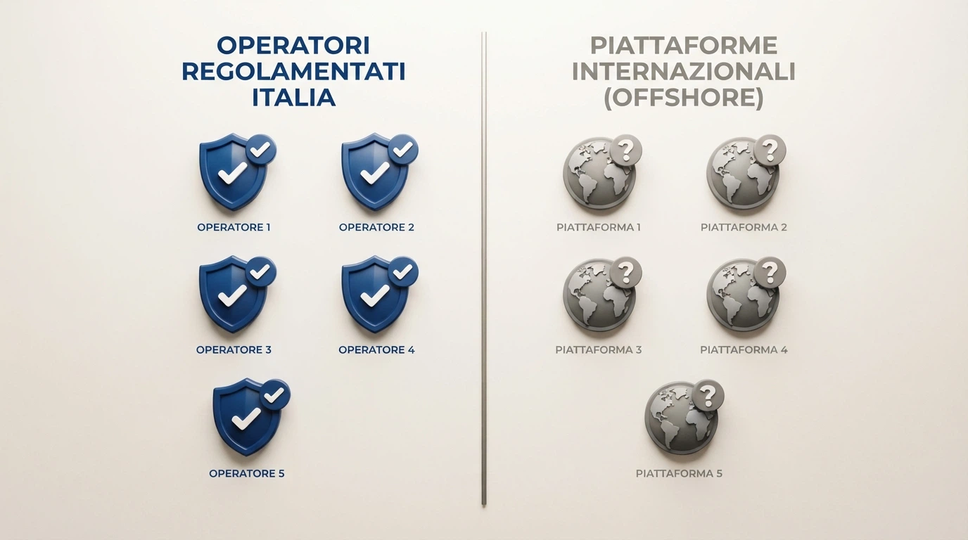 Dieci loghi di casinò online disposti su due colonne: a sinistra i cinque concessionari ADM con il bollino della concessione italiana, a destra i cinque operatori offshore con le rispettive licenze internazionali