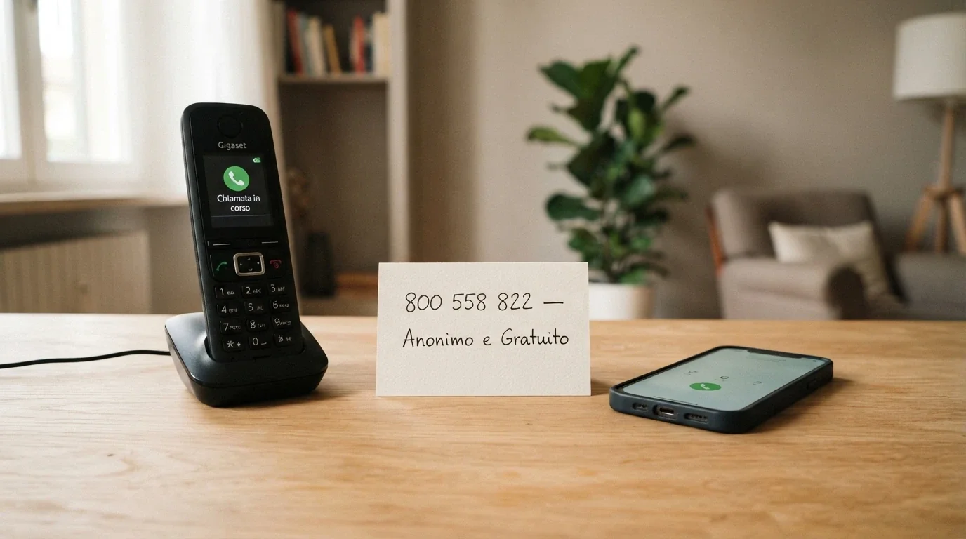 Un telefono fisso e uno smartphone con le icone di chiamata, accanto alla scritta «800 558 822 — Anonimo e Gratuito»