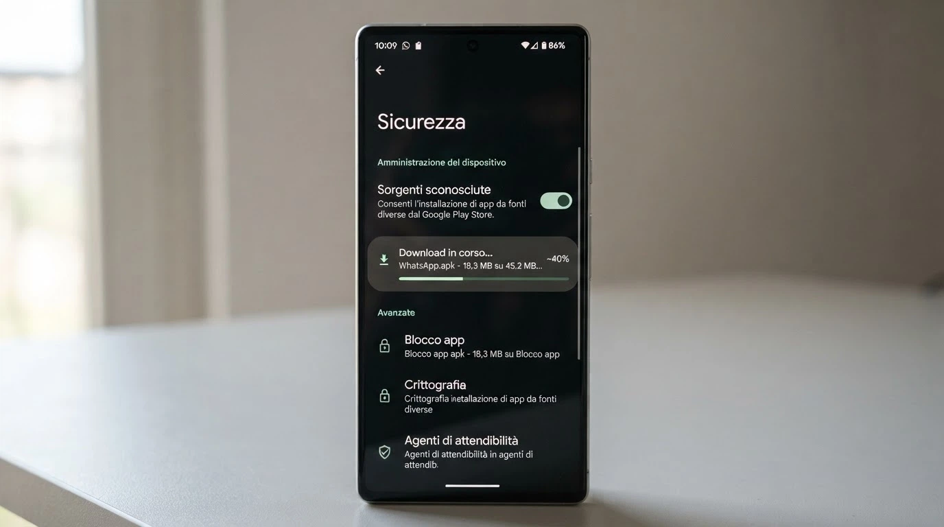 schermata delle impostazioni Android con l'interruttore Sorgenti sconosciute attivato e un file APK in download