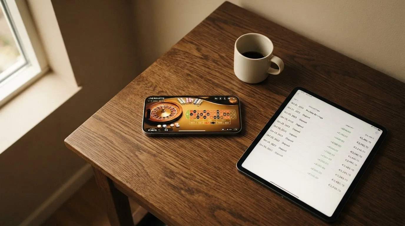Smartphone con l'app di un casinò aperta su un tavolo live, affiancato da un tablet che mostra la cronologia delle transazioni