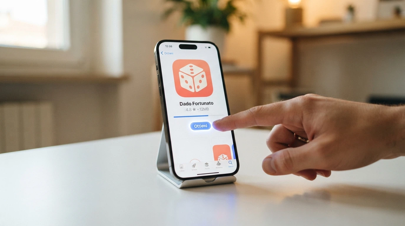 Una mano che tocca il pulsante «Ottieni» sull'App Store di un iPhone, con l'icona di un casinò ADM in fase di download