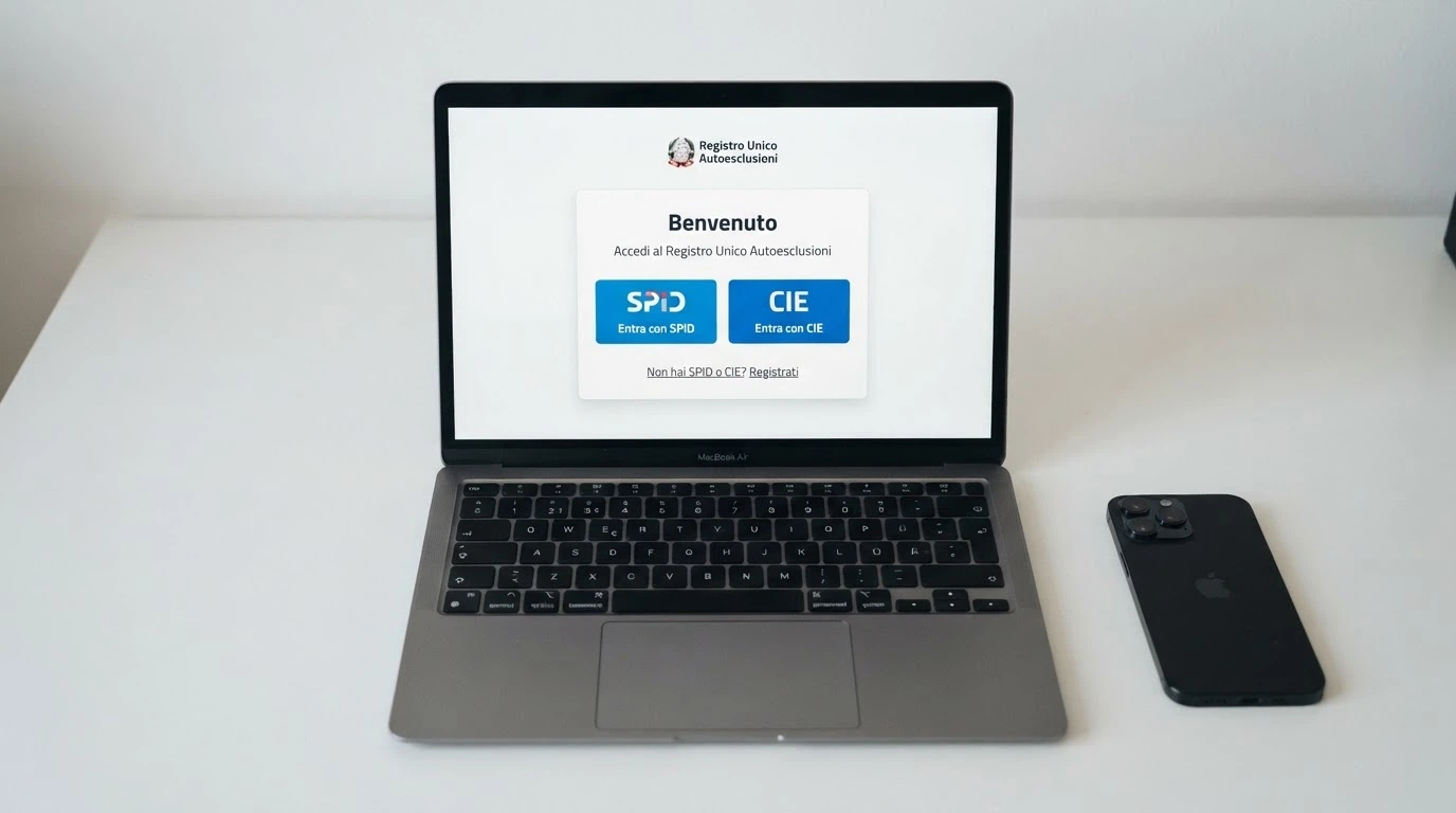 Un'interfaccia di accesso con i pulsanti SPID e CIE accanto alla scritta Registro Unico Autoesclusioni su schermo di computer