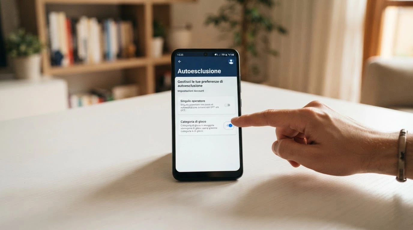 Interfaccia di autoesclusione dal gioco online con opzioni per concessionario e categoria di gioco