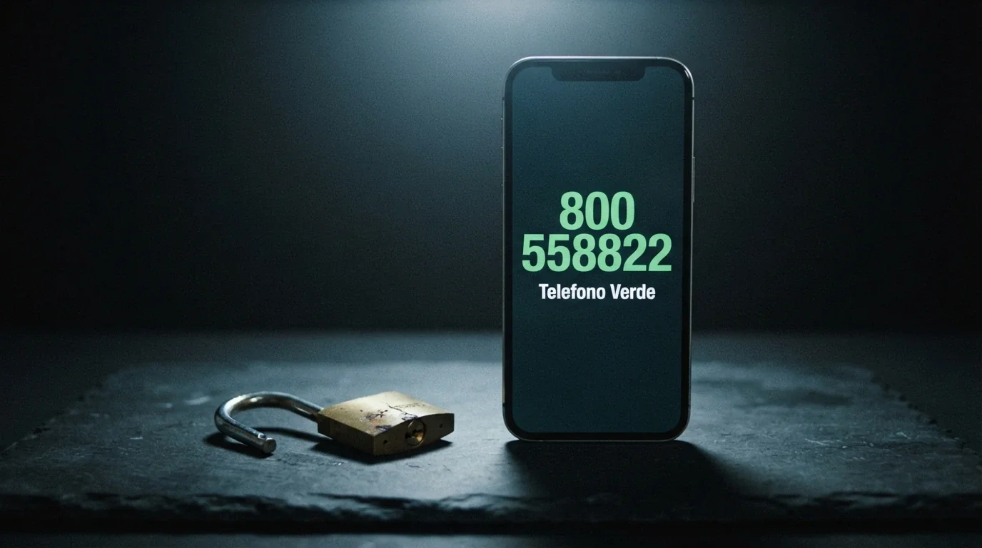 Un telefono con il numero verde 800 558822 sullo schermo, accanto a un lucchetto rotto su sfondo scuro