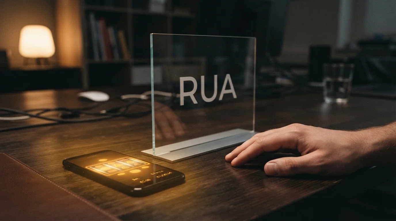 Uno scudo trasparente con la sigla «RUA» che si fra pone tra la mano di un giocatore e lo schermo luminoso di una slot, in un ambiente scuro ma non minacioso