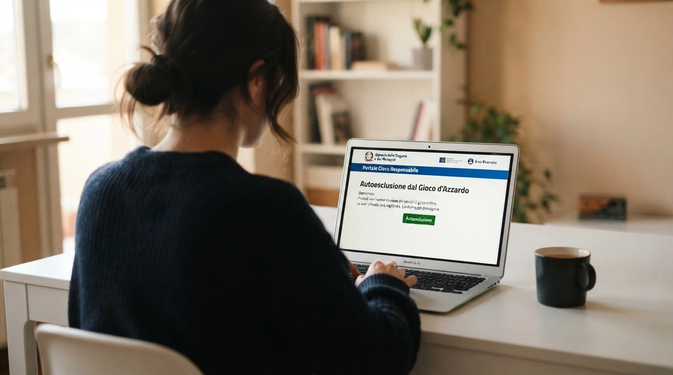 Una persona seduta al computer con la schermata del portale ADM per l'autoesclusione visibile