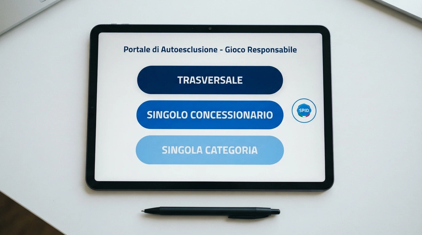 Il portale ADM per l'autoesclusione con le tre opzioni — trasversale, singolo concessionario, singola categoria di gioco — e l'icona SPID per l'accesso.
