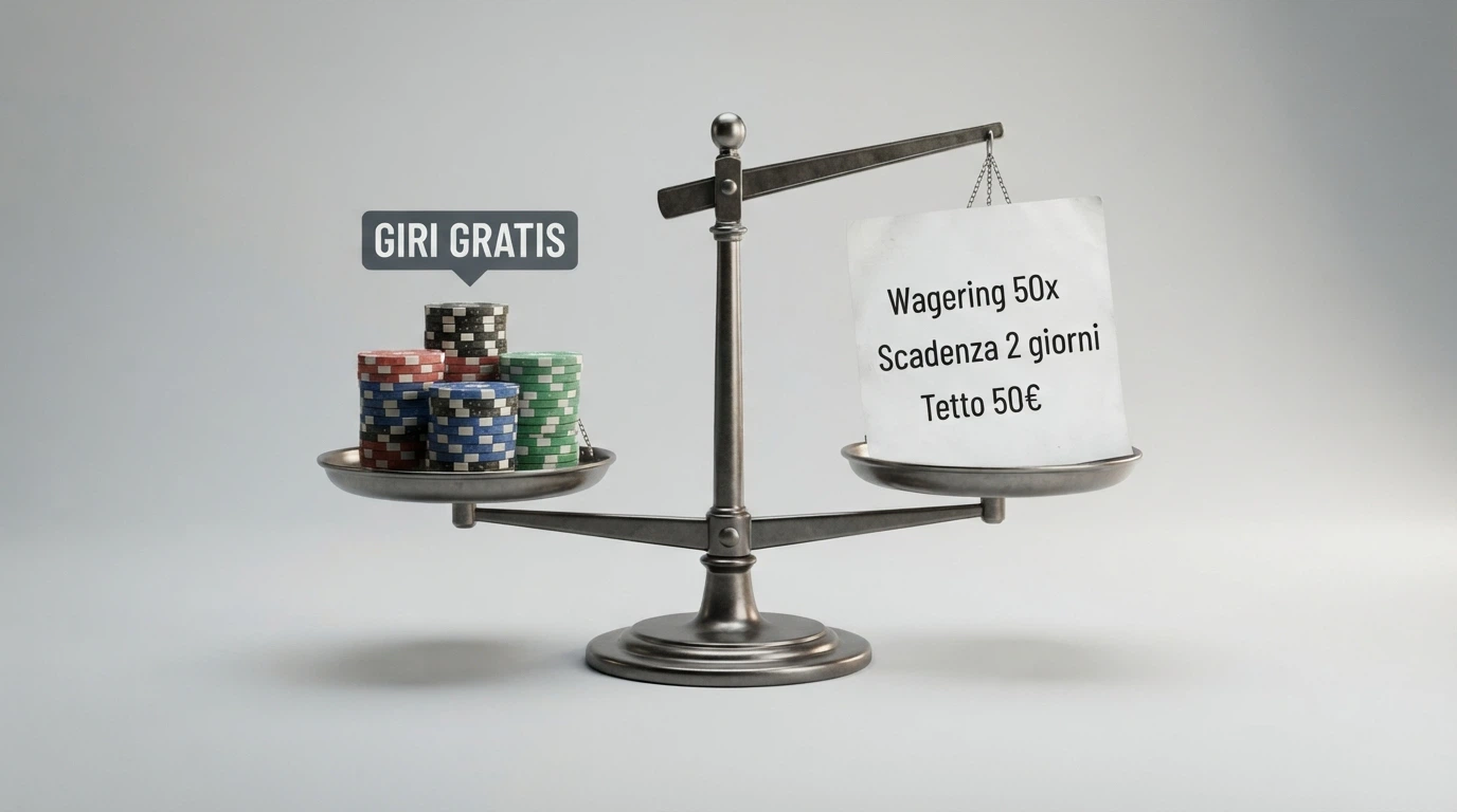 Una bilancia a due piatti: su un piatto una pila di monete con la scritta «Giri gratis», sull'altro un foglio con le scritte «Wagering 50x», «Scadenza 2 giorni», «Tetto 50€»