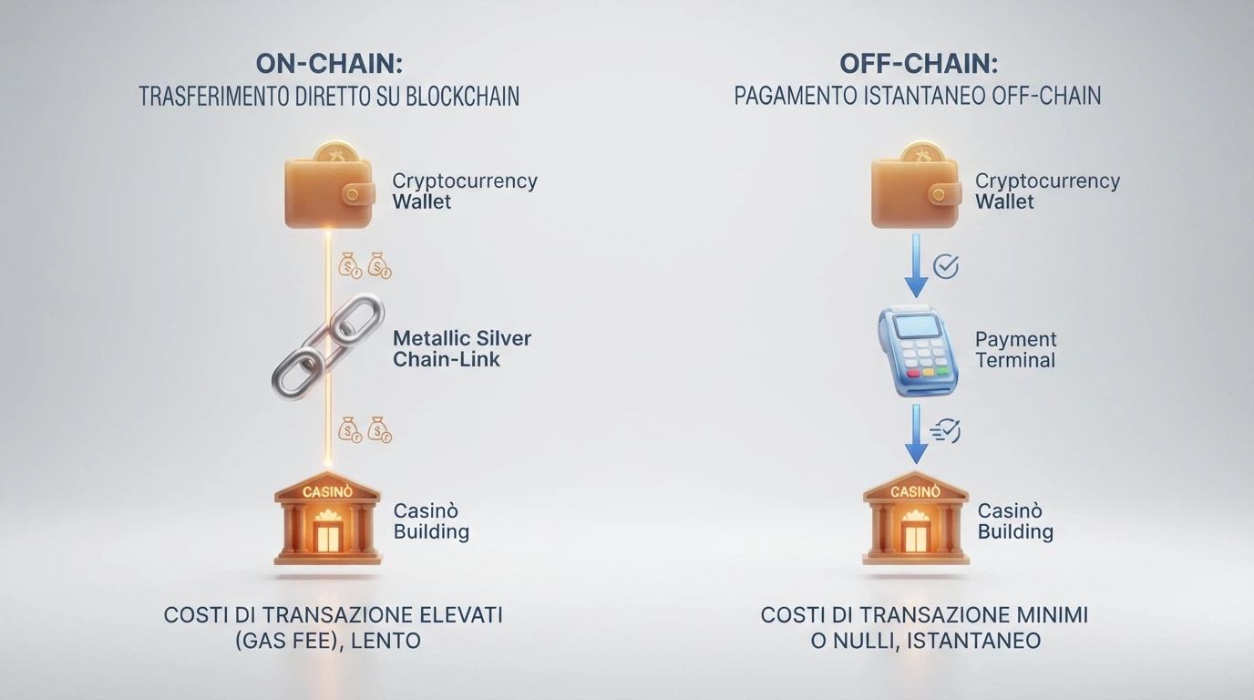 Un diagrama che confronta il flusso di un deposito on-chain BEP-20 (wallet → blockchain → casino) con quello di Binance Pay (wallet → Binance Pay → casino)
