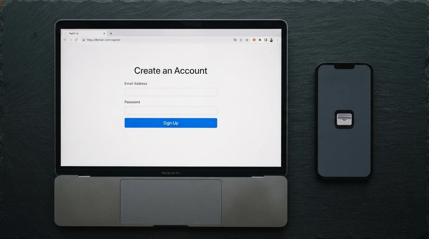 Uno schermo di laptop che mostra un modulo di registrazione essenziale con solo due campi (email e password) e il logo di un wallet crypto nella barra del browser