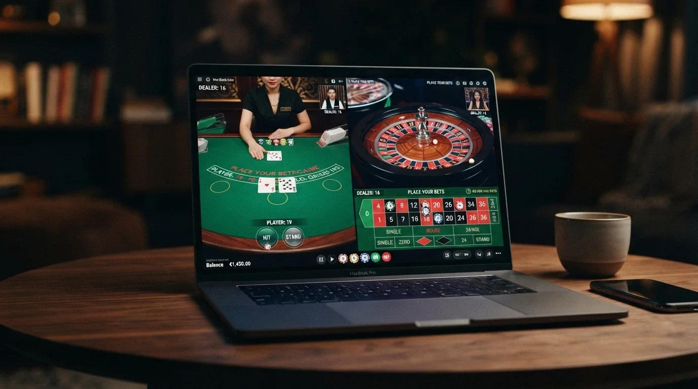 Un tavolo di blackjack e una ruota della roulette francese visti dall'interfaccia di un casinò online ADM