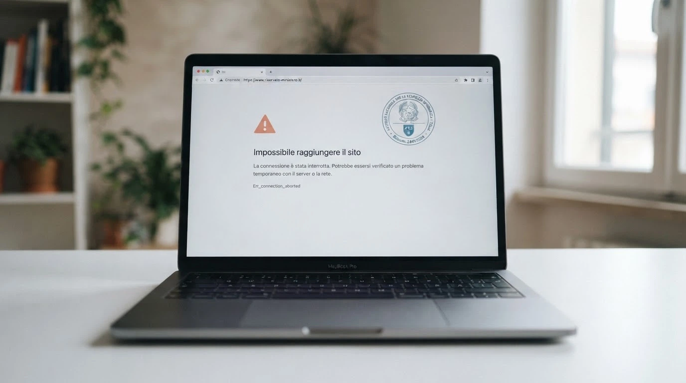Lo schermo di un browser con un messaggio di sito non raggiungibile e il logo ADM in sovraimpressione