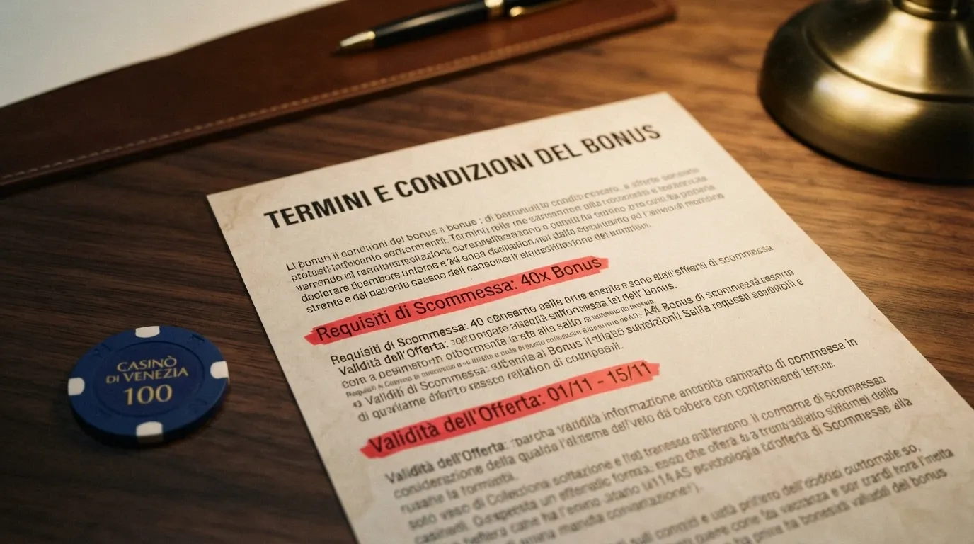Un pannello di termini bonus con wagering e validità evidenziati in rosso accanto all'importo del bonus, a indicare il costo nascosto