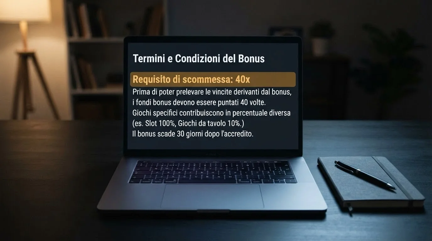 Schermata dei termini e condizioni di un bonus di benvenuto in criptovaluta con requisito di wagering evidenziato