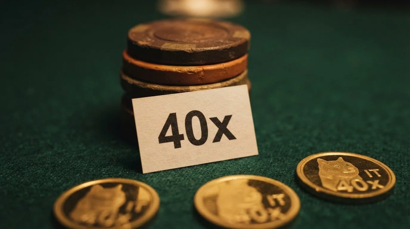 Chip da poker impilate accanto a monete digitali Dogecoin con un cartellino che riporta un requisito di puntata 40x in primo piano