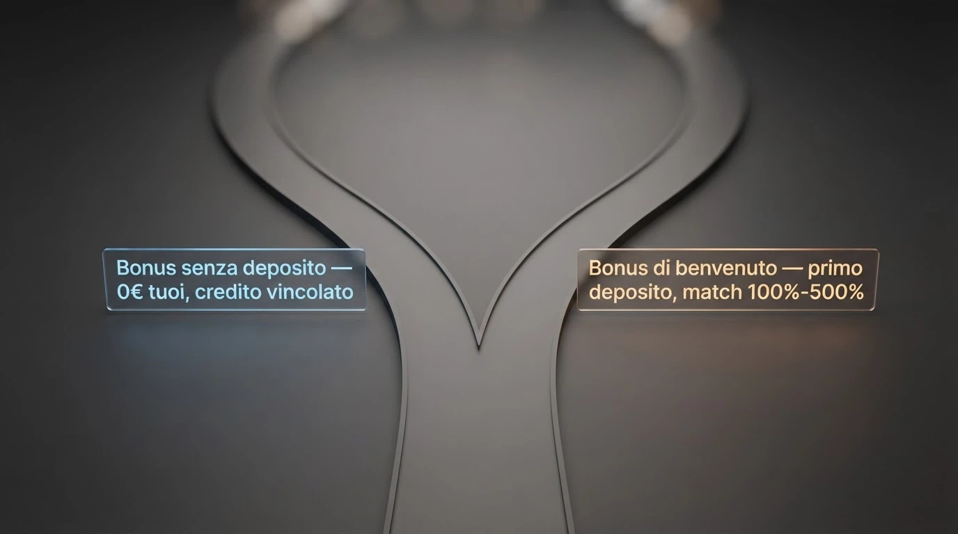 Due percorsi che si biforcano: a sinistra «Bonus senza deposito — 0€ tuoi, credito vincolato», a destra «Bonus di benvenuto — primo deposito, match 100%-500%»