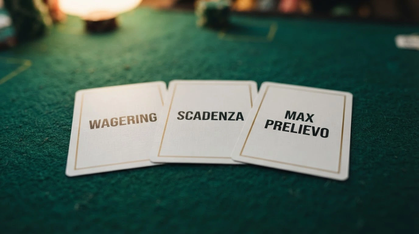 Tre carte bonus impilate su un tavolo da gioco virtuale, con le etichette «wagering», «scadenza» e «max prelievo» in evidenza