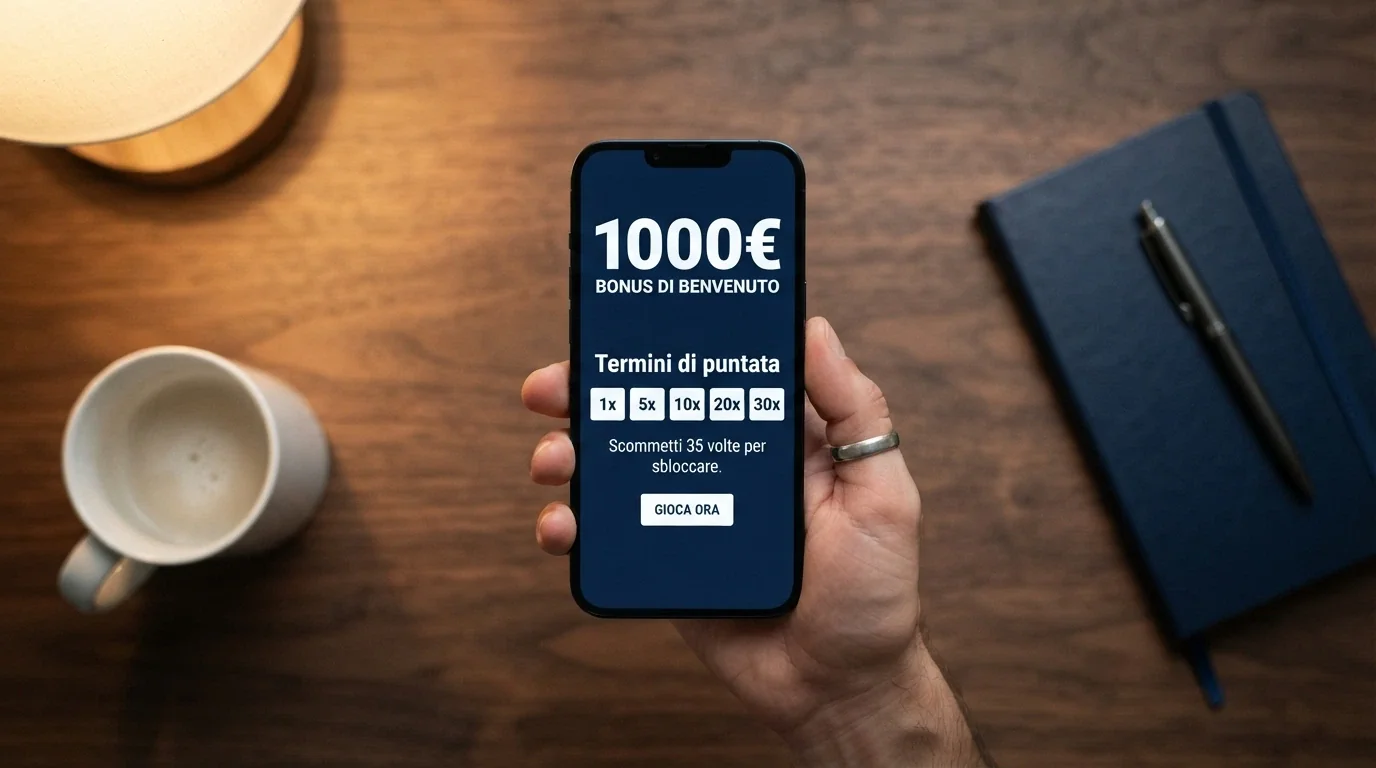 Un bonus benvenuto visualizzato sullo schermo di un casinò ADM, con i termini di wagering in piccolo sotto la cifra in evidenza
