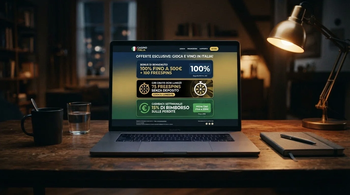 schermata promozionale di un casinò online con offerta combinata di bonus deposito, free spin e cashback