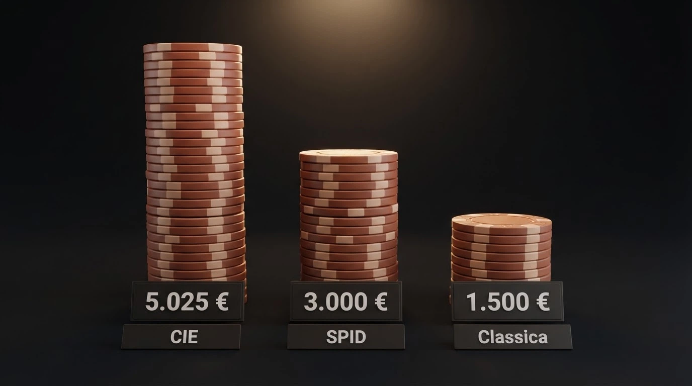 Un'illustrazione che mostra tre pile di fiches di altezza diversa etichettate CIE, SPID e Classica