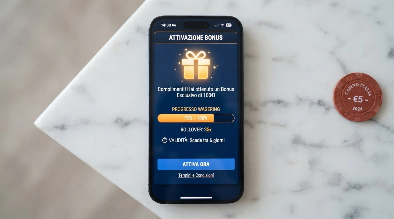 Schermata di attivazione di un bonus senza deposito con icona SPID e riquadro che mostra rollover, validità e massimale di conversione