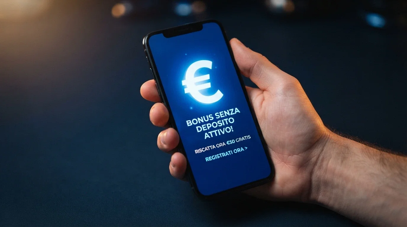Una mano che riceve fiches senza averne messe sul tavolo, su sfondo blu notte con la scritta «Senza Deposito» in evidenza