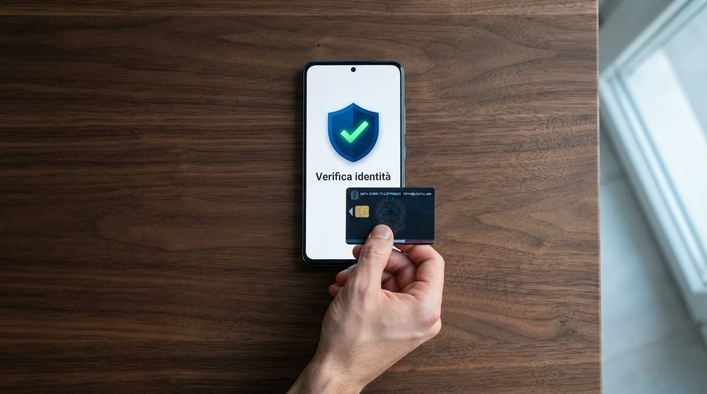 Lo schermo di un cellulare con il logo SPID e la schermata di attivazione di un bonus senza deposito, con una mano che tiene la carta d'identità elettronica