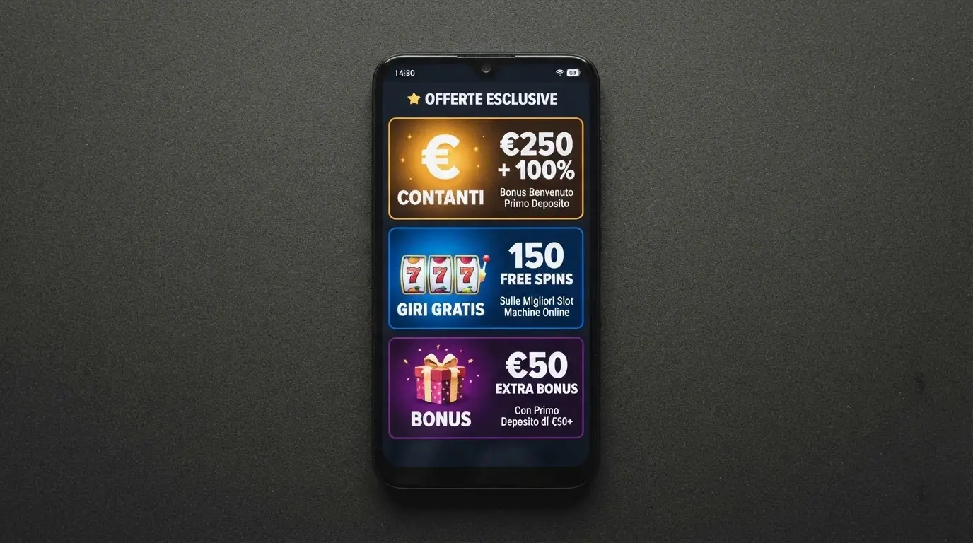 Un primo piano di uno smartphone che mostra la schermata di un bonus di benvenuto, con tre riquadri distinti etichettati «Cash», «Free Spin» e «Fun Bonus» e altrettanti valori in euro accanto.