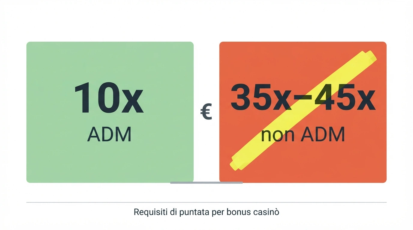 Due colonne affiancate: a sinistra «Bonus ADM — Wagering max 10x», a destra «Bonus non ADM — Wagering 35-45x» con un evidenziatore sul costo reale