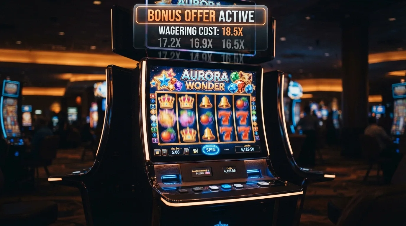 Una slot machine online in azione con un contatore del wagering in sovrimpressione che scorre: la cifra del bonus si riduce mentre il moltiplicatore di puntata sale