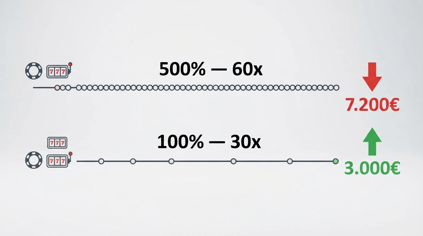 schema visivo che confronta due percorsi: un bonus 500% con wagering 60x (freccia lunga, tanti giri, costo alto) contro un bonus 100% con wagering 30x (freccia corta, pochi giri, costo basso)