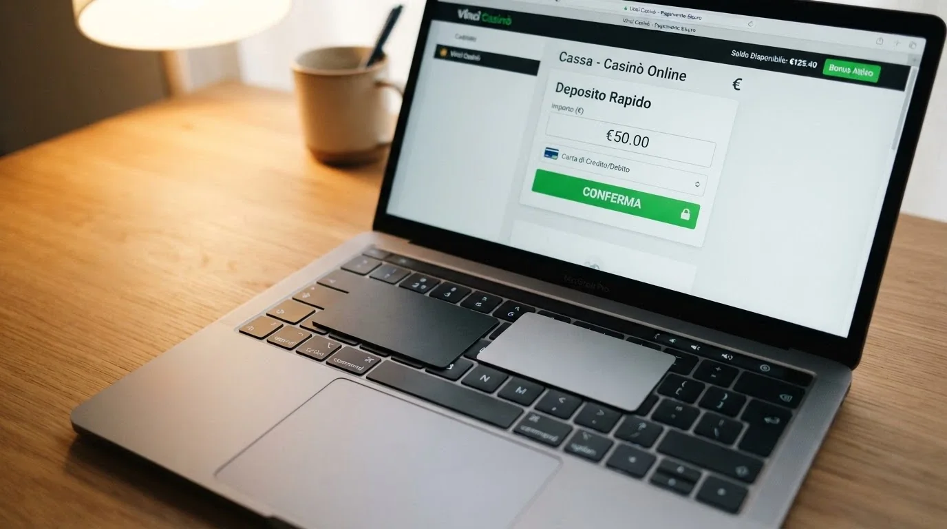 Una carta Visa e una Mastercard appoggiate sulla tastiera di un laptop con la schermata di cassa di un casinò online italiano visibile sullo schermo