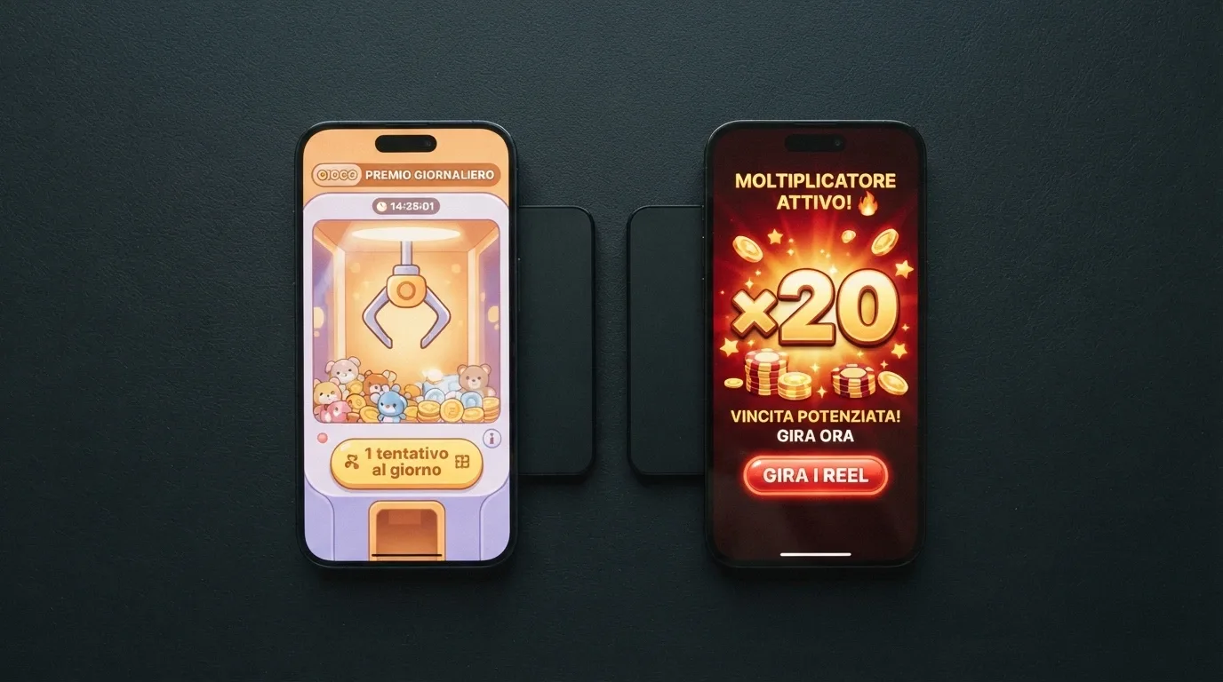 Due schermate affiancate: a sinistra la claw machine Bonus Crab con il tentativo singolo, a destra l'interfaccia Cash Crab con il moltiplicatore 20× in evidenza.