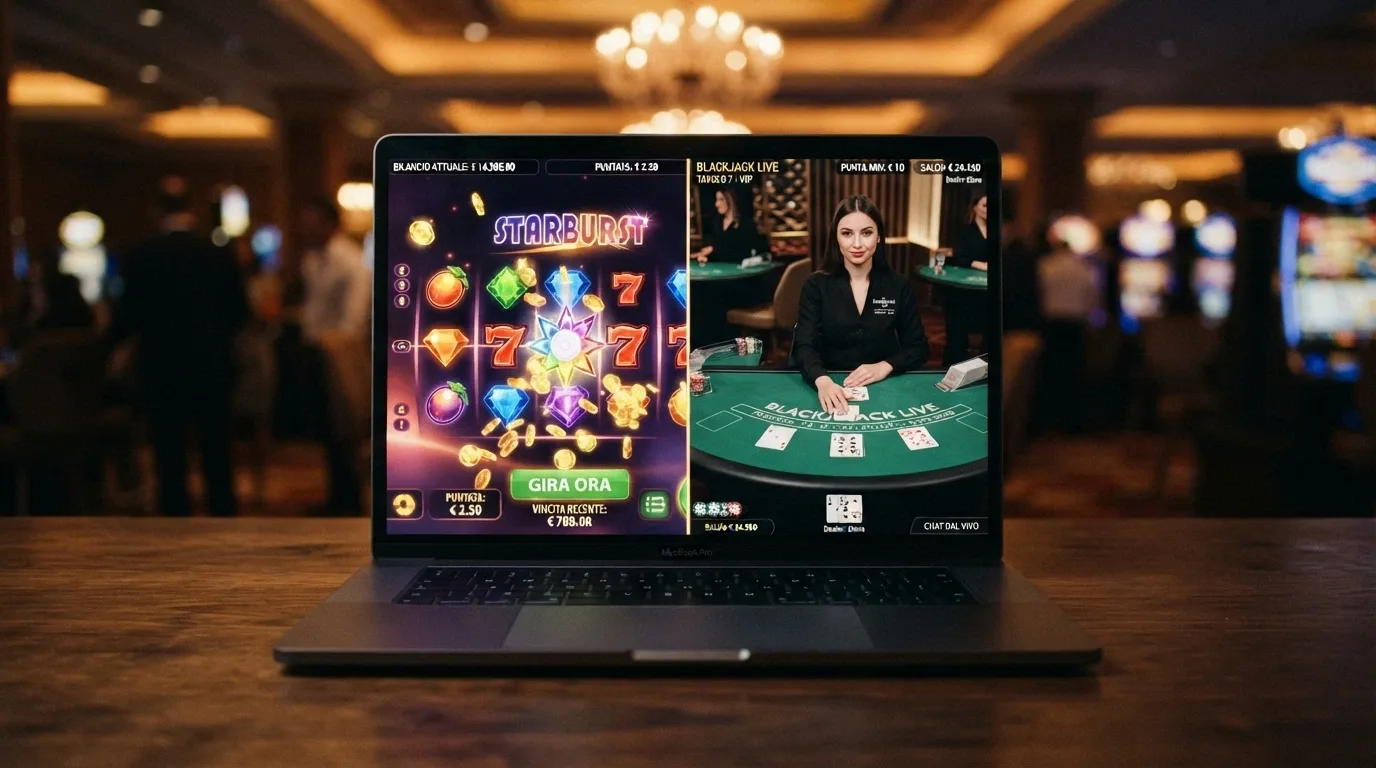 interfaccia di una slot machine online affiancata a un tavolo da gioco live con dealer in streaming