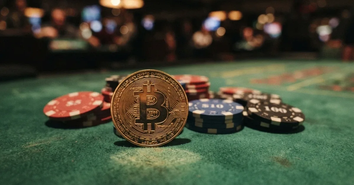 Un primo piano di una moneta fisica di Bitcoin appoggiata sul tavolo verde di un casinò, con il feltro e le fiches sullo sfondo
