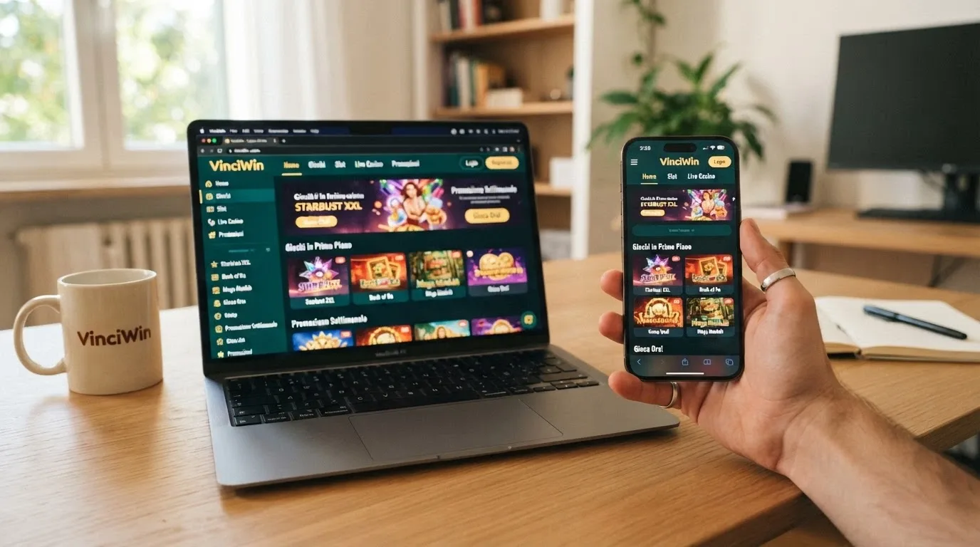La stesa pagina di un casino BNB visuallizata affiancata su desktop e su smarphone, con la stesa interfacia reattiva