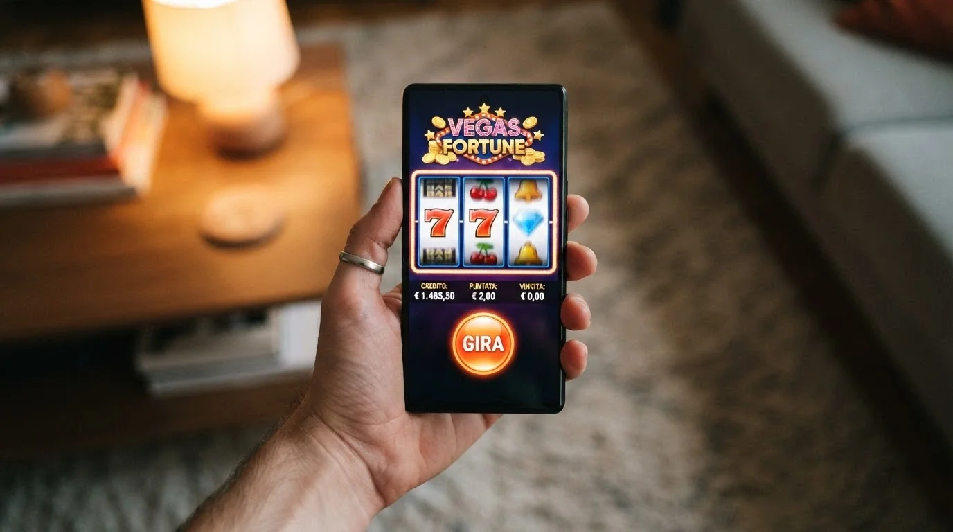 Uno smartphone che mostra una slot machine in esecuzione, con il dito del giocatore che tocca il pulsante «Gira»