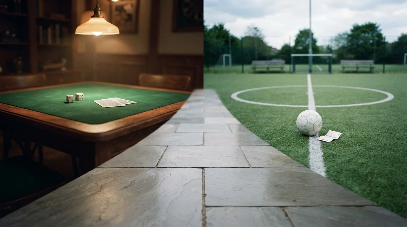 Due percorsi che si biforcano: a sinistra un tavolo da casinò con dado e carte, a destra un campo da calcio con schedina