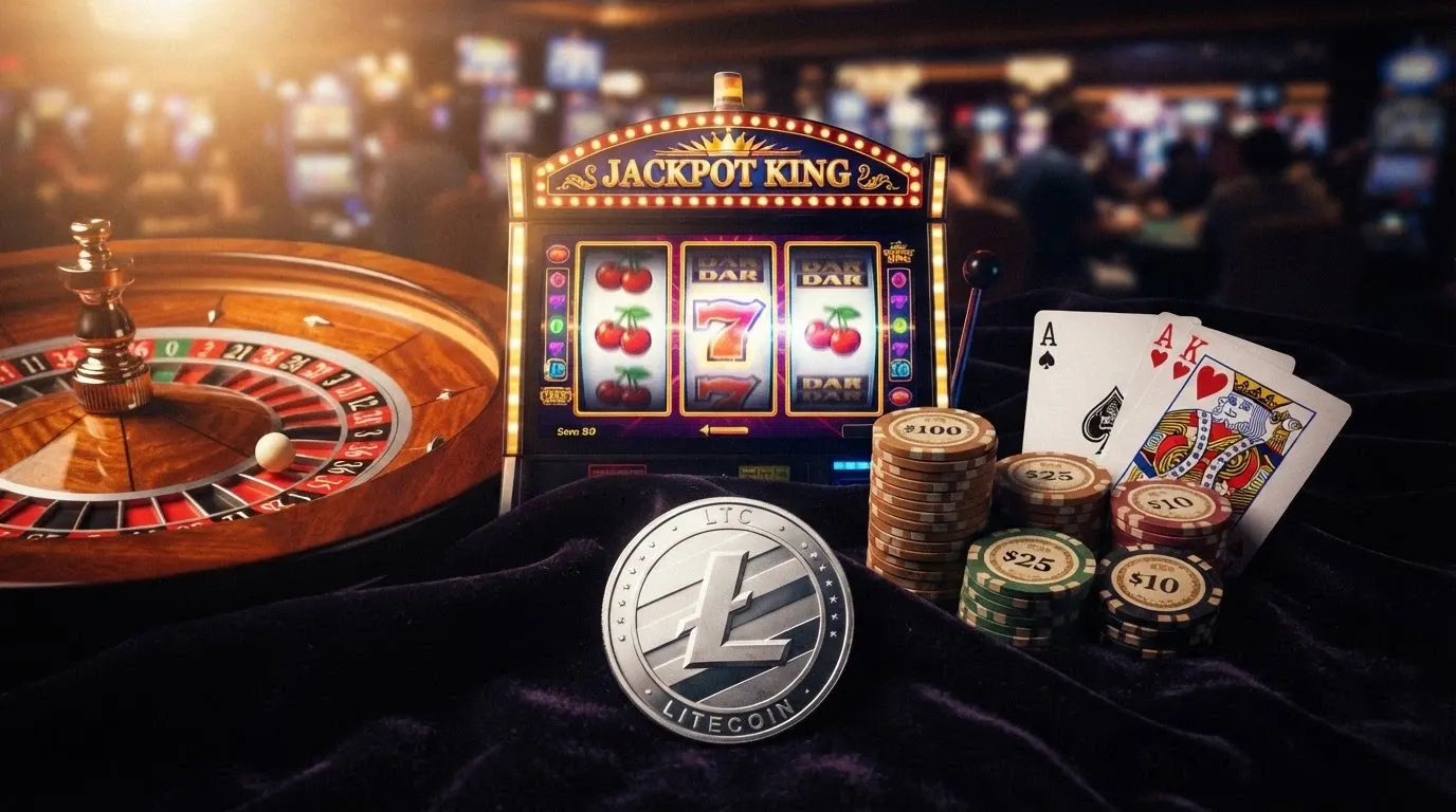 Un collage di icone di giochi da casinò (slot, roulette, blackjack, live dealer) con il simbolo Litecoin integrato nell'interfaccia