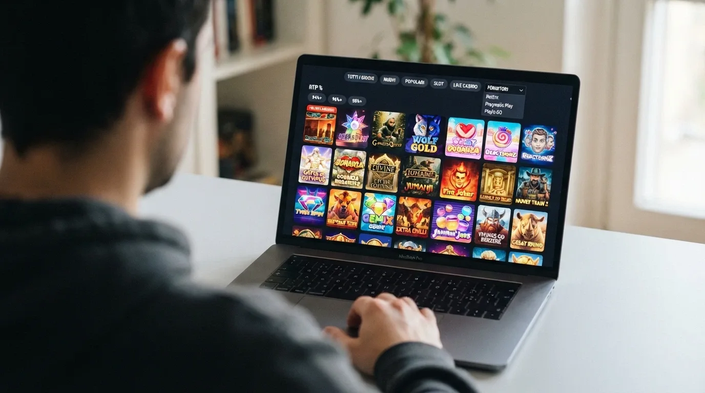 Una schermata che mostra il catalogo slot di un casinò online con licenza ADM, con i filtri per provider e RTP