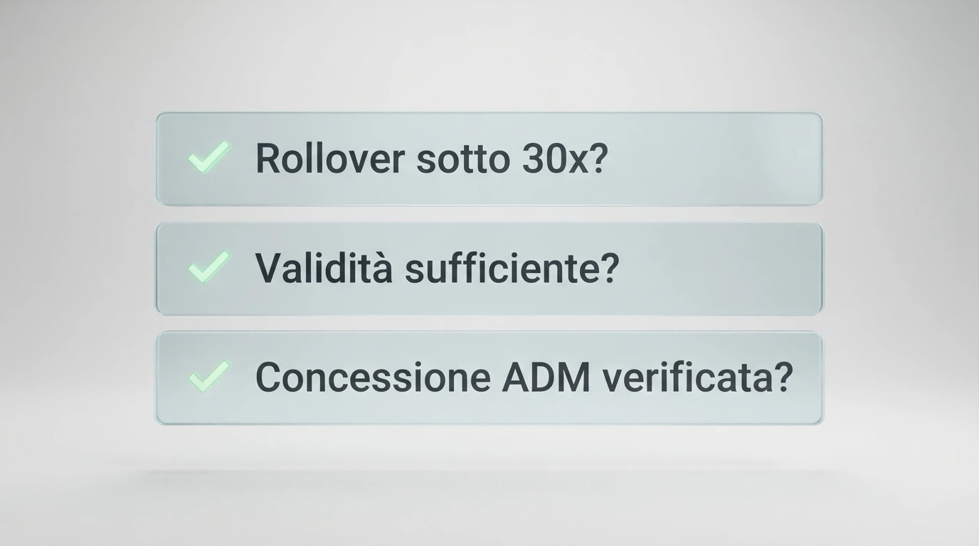 Una lista di tre voci — «rollover sotto 30x?», «validità suficiente?», «concessione ADM verificata?» — con un segno di spunta accanto a ciascuna