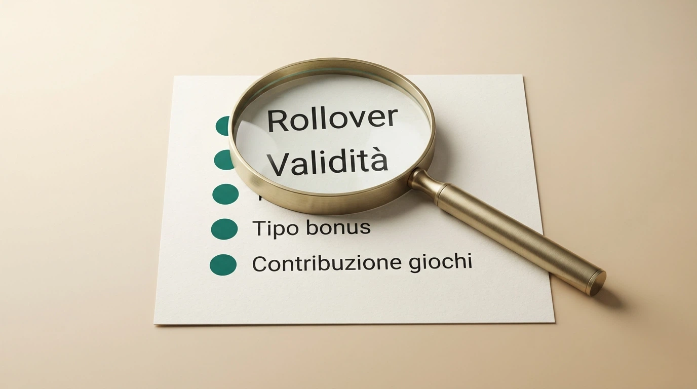 Una lente d'ingrandimento su una lista di controllo con quattro voci: rollover, validità, tipo bonus, contribuzione giochi — ogni voce ha un segno di spunta verde