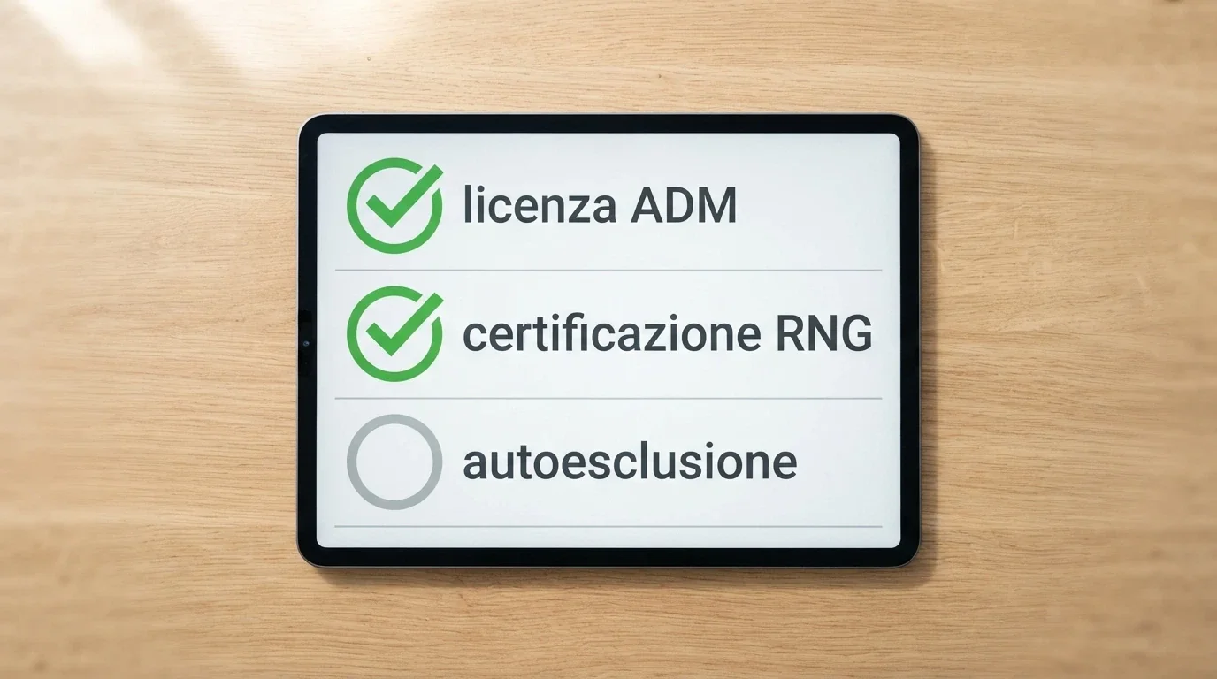 Una checklist visiva con tre punti: licenza ADM nel footer, certificazione RNG nei termini e condizioni, strumenti di autoesclusione attivi nell'area personale — ogni punto con un segno di spunta stilizzato.