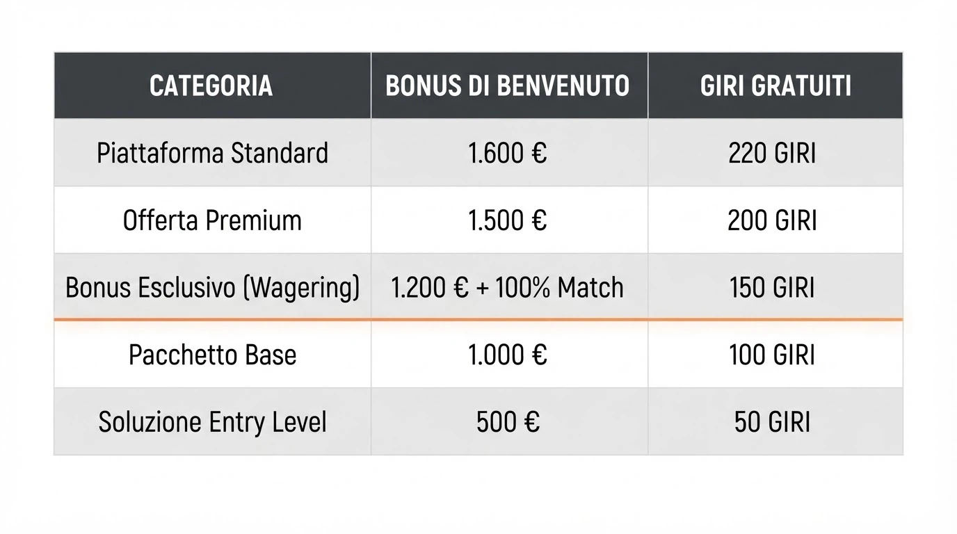 Una tabella stilizzata con nomi di operatori, cifre di bonus e giri gratuiti a confronto, evidenziate le condizioni di wagering