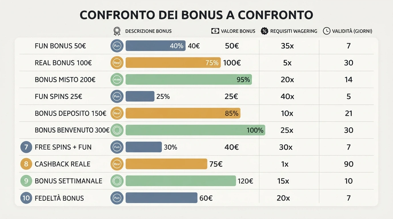 Tabella comparativa affiancata dei casinò ADM con bonus, percentuale, wagering e validità