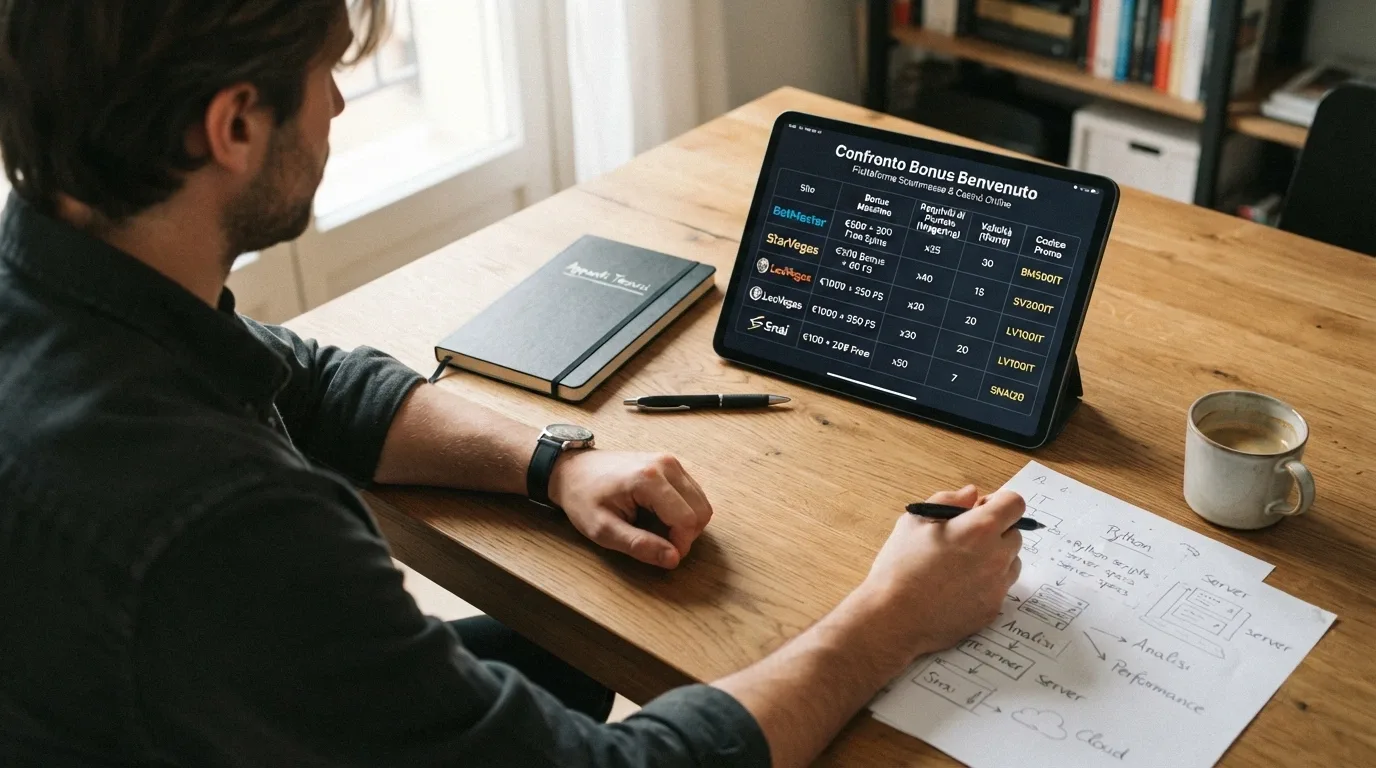 tabella comparativa stilizzata con le colonne operatore, bonus, wagering, validità e bonus senza deposito