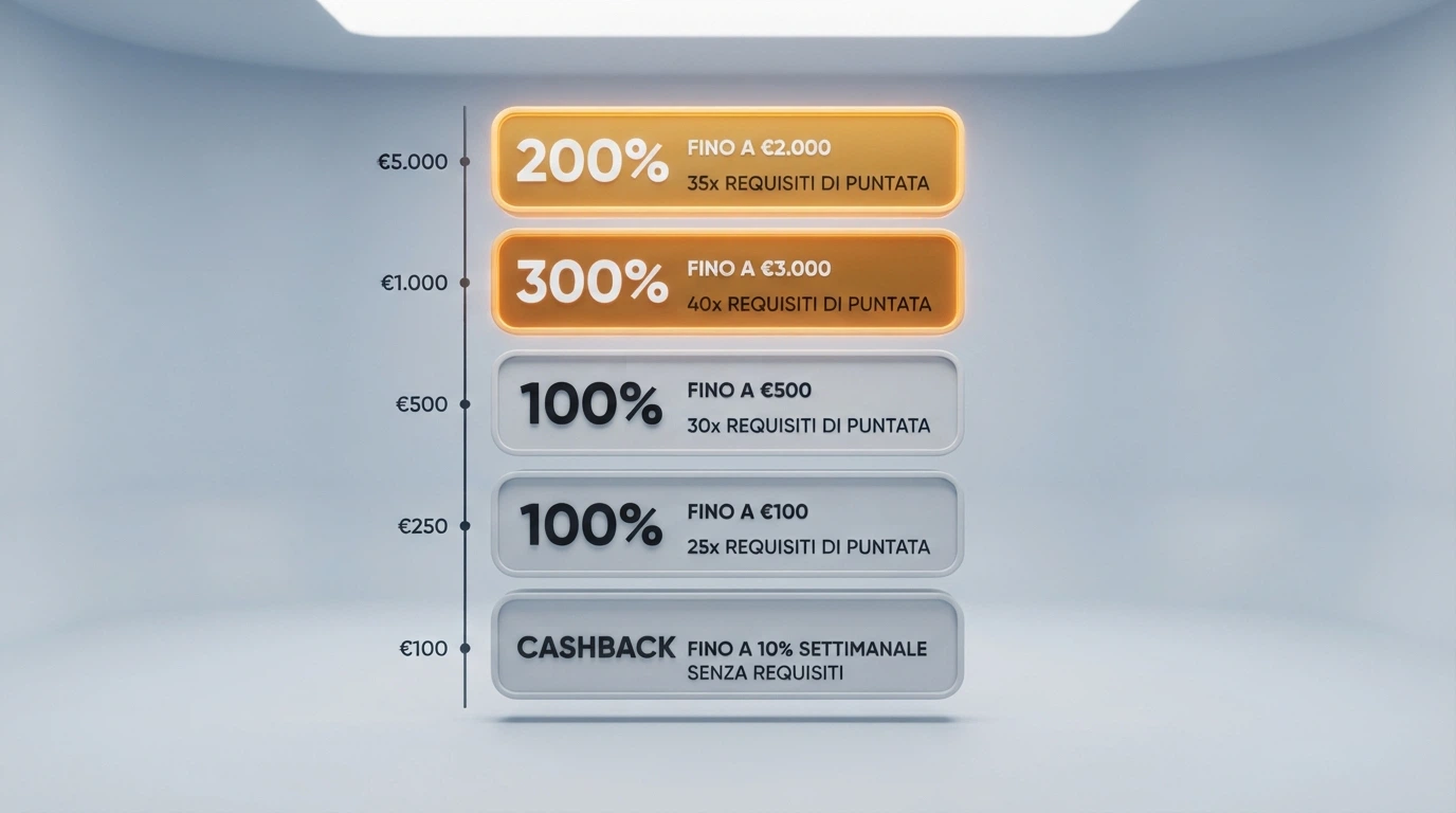 Una tabella comparativa stilizzata con operatori, percentuali bonus e wagering affiancati