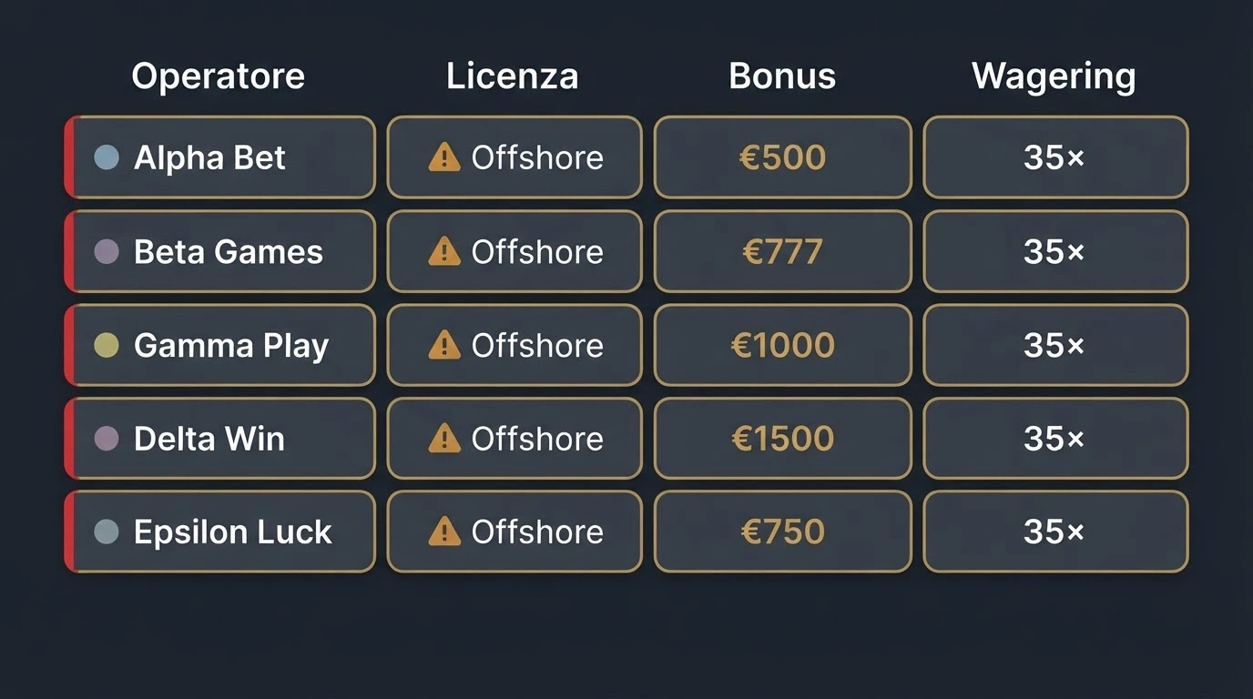 Una tabella comparativa con le colonne operatore, licenza, bonus di benvenuto e wagering, con l'indicatore «non ADM» evidenziato su tutte le righe.