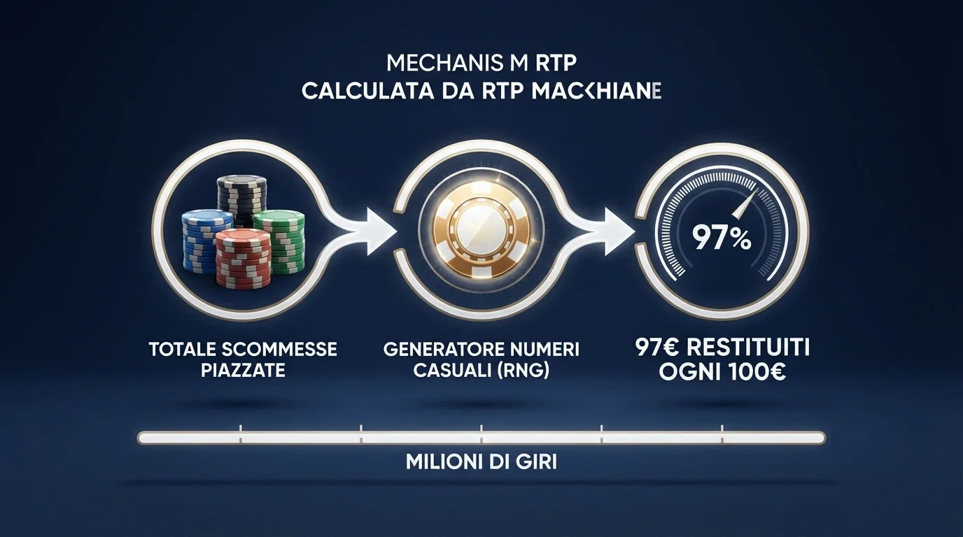 Un diagramma che illustra il meccanismo di calcolo dell'RTP: le puntate totali, il generatore RNG e la restituzione percentuale su milioni di giri