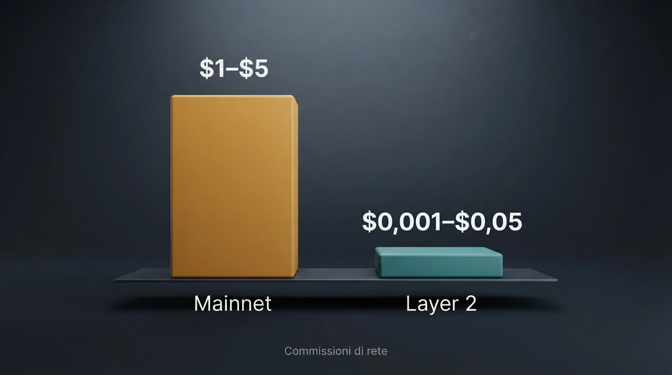 Un grafico a barre che confronta le commissioni di rete Ethereum mainnet ($1-$5) con quelle delle reti Layer 2 ($0,001-$0,05)